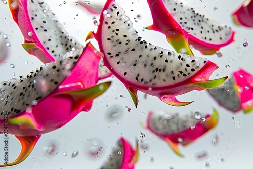 Dragon Fruit slices suspended in mid-air, capture with a fast shutter speed and freeze-motion technique