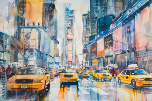 Watercolor illustration of a busy New York street. which has a yellow taxi Various pedestrians