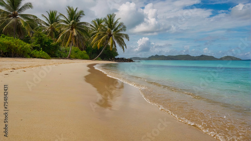 Sunny tropical Caribbean beach with palm trees and turquoise water, island vacation, hot summer day. Generated AI