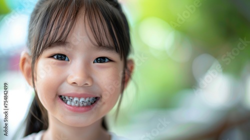 Portrait of a happy smile of a little asian girl with healthy white teeth with metal braces. Pediatric dentistry concept. Copy space for text.