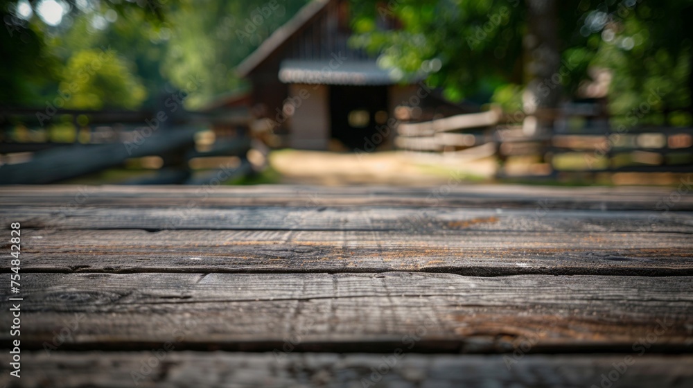 Close-up view of a wooden table leading to a blurred rustic country setting with no people. Close-up view of a wooden table leading to a blurred rustic country setting with no people.