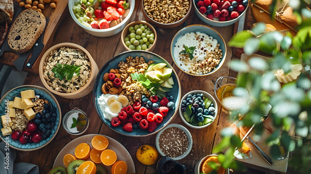 A photo featuring a nutritious breakfast spread. Highlighting the colorful array of fresh fruits, whole grains, and dairy products A photo featuring a nutritious breakfast spread. Highlighting the colorful array of fresh fruits, whole grains, and dairy products