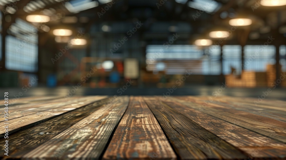 Defocused view of a spacious industrial warehouse from a wooden tabletop. Defocused view of a spacious industrial warehouse from a wooden tabletop.