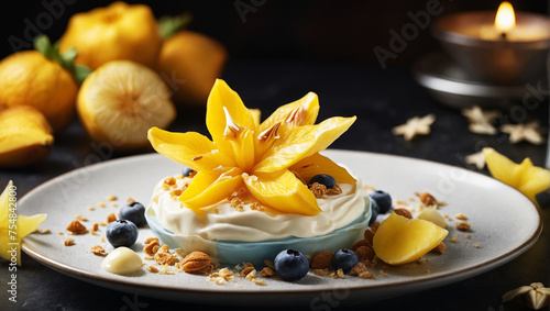 a perfectly arranged starfruit and vanilla ice dessert in the style of Julian Amador photo