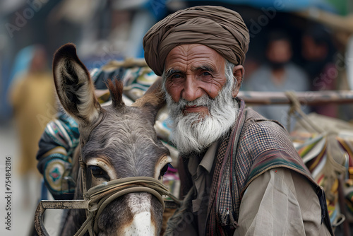 Old Age Pakistani Man Steering Donkey Cart Along Busy Street