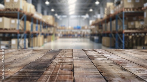 Wallpaper Mural Empty wooden table with defocused modern warehouse aisles in the background. Torontodigital.ca