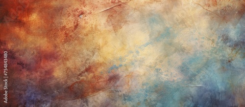 The painting depicts a red and blue sky filled with fluffy clouds. The colors blend seamlessly in this abstract grunge texture, creating a vibrant and dynamic composition. © TheWaterMeloonProjec