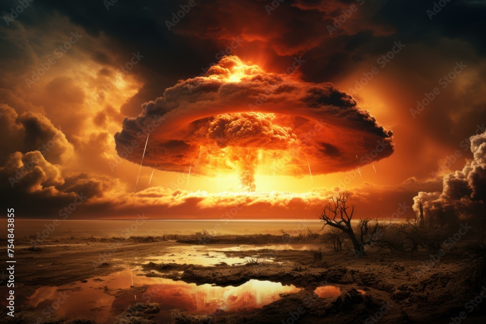 Horrifying Nuclear explosion dramatic scene. Danger bomb. Generate Ai