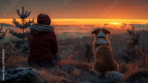 Person and dog sitting on hill at sunset
