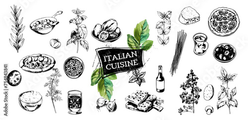 Gourmet Italian food set - Italy, vector design of typical foods of mediterranean cuisine. Herbs of italian cuisine with elements of food such as pizza, pasta, antipasti and vegetables.