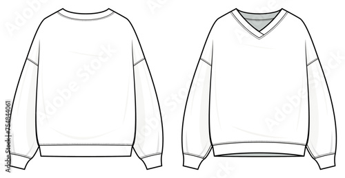 Classic Varsity sweater technical fashion illustration. Varsity sweater vector template illustration. front and back view. Long sleeve. oversized. drop shoulder. unisex. white color. CAD mockup.