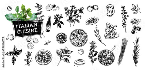 Gourmet Italian food set - Italy, vector design of typical foods of mediterranean cuisine. Herbs of italian cuisine with elements of food such as pizza, pasta, antipasti and vegetables.