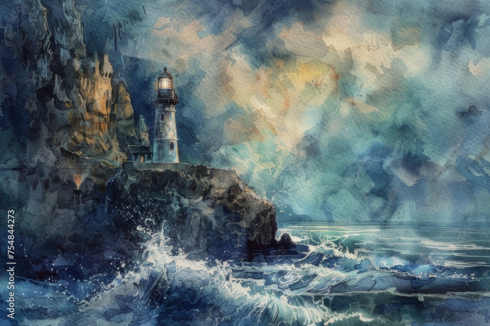 Fototapeta premium Watercolor painting of a weathered lighthouse atop a cliff.