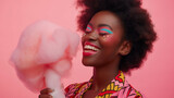 Wunderschöne Afroamerikanische Frau mit Afrolook in bunter Kleidung und pinkfarbiger Zuckerwatte als Poster, ai generativ