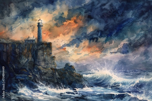 Watercolor painting of a weathered lighthouse atop a cliff.