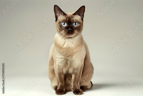 Burmese cat with round face, blue eyes, and muscular body sits on light background © Veniamin Kraskov