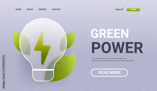 Green power horizontal landing page. Eco electricity innovation technology service