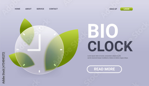 Bio clock horizontal landing page. Glass green innovation technology service