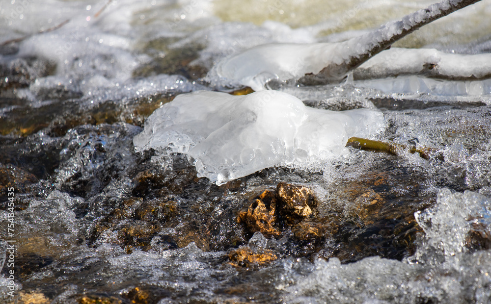 Frozen water close-up, streams of water flowing in streams.