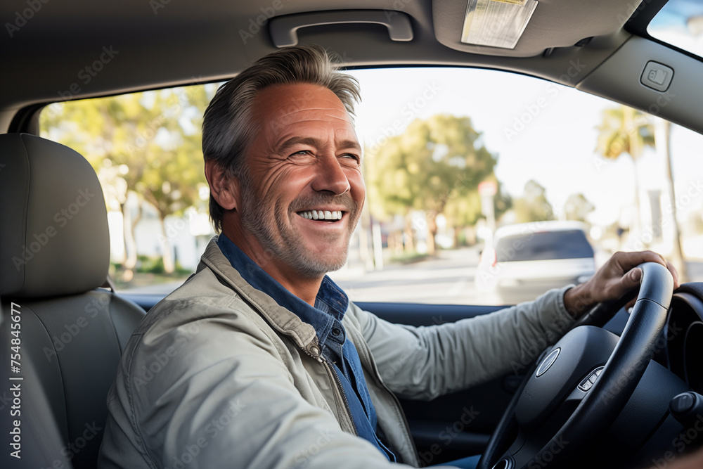Middle aged man inside a car and driving Middle aged man inside a car and driving