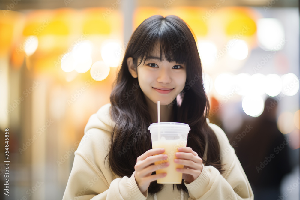 Teen pretty Japanese girl at outdoors having breakfast milk Teen pretty Japanese girl at outdoors having breakfast milk