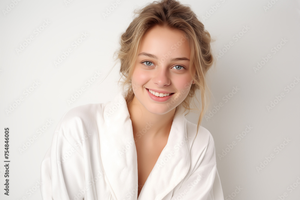 Young pretty blonde girl over isolated white background in a bathrobe Young pretty blonde girl over isolated white background in a bathrobe