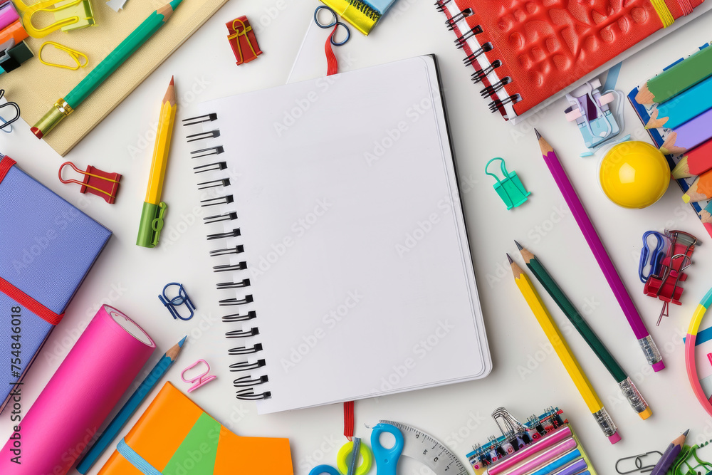 Various stationery supplies placed around a white paper notebook. Stationery and mockup concept. Various stationery supplies placed around a white paper notebook. Stationery and mockup concept.