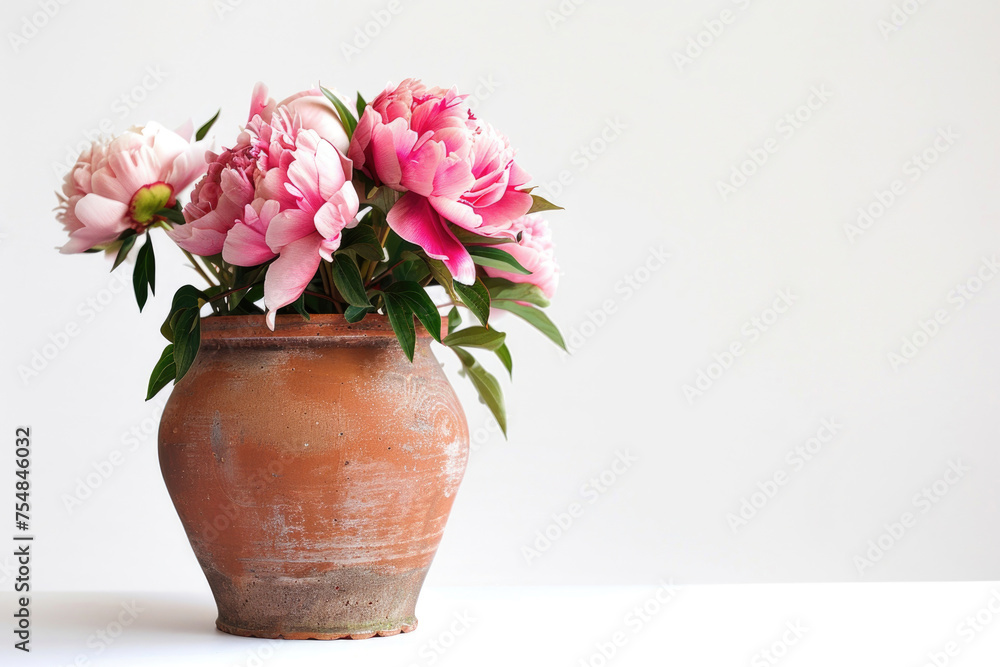 Beautiful peonies arranged in a clay pot against a white background