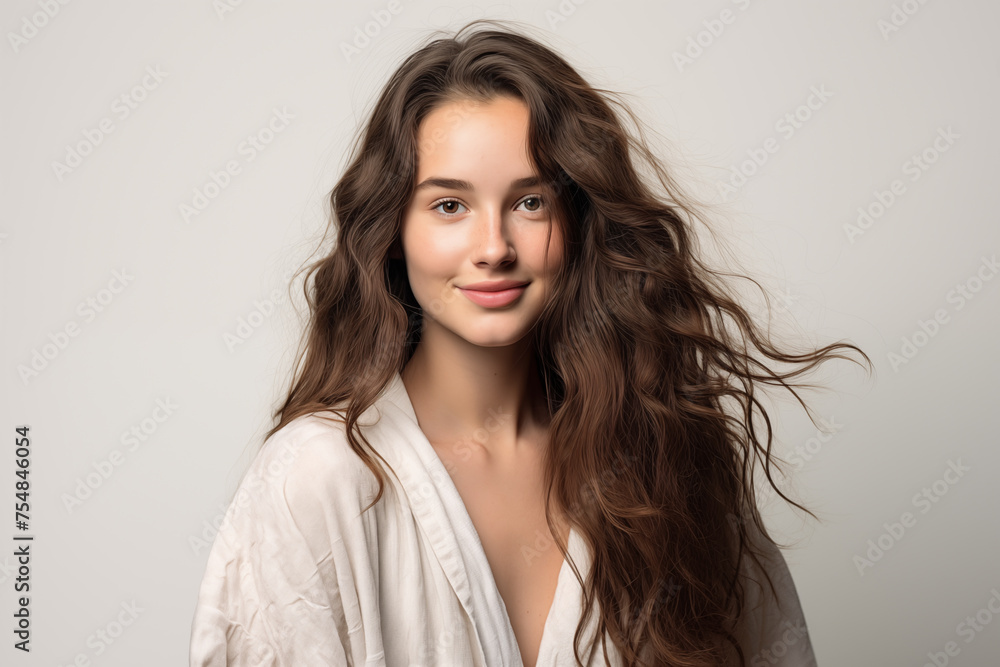 Young pretty brunette girl over isolated white background in a bathrobe Young pretty brunette girl over isolated white background in a bathrobe