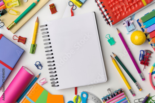 Various stationery supplies placed around a white paper notebook. Stationery and mockup concept.