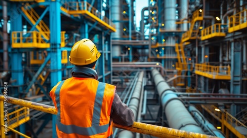 Construction worker inspecting pipes on site