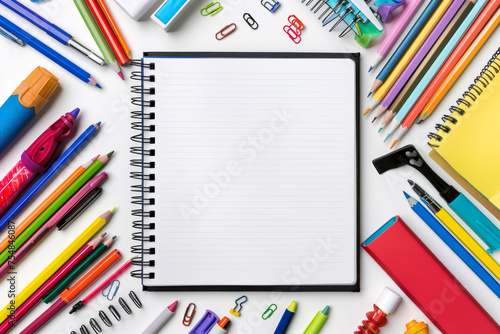Various stationery supplies placed around a white paper notebook. Stationery and mockup concept.