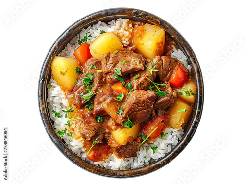 stew beef and potato on top of steam rice in a round isolated. Solid white background PNG