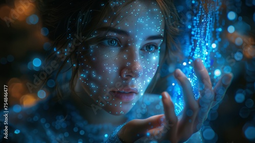 A girl connecting with big data waves. Big data and technology concept photo