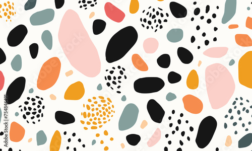 Pattern With Small, Colorful Shapes in Black and White on an Off-White Background. Organic Forms, Resembling Pebbles or Stones of Various Sizes, Arranged in Random Geometric Patterns