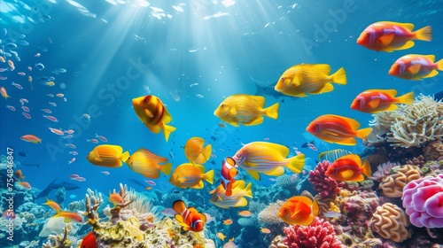 Large group of fish swimming over coral reef © Mustafa