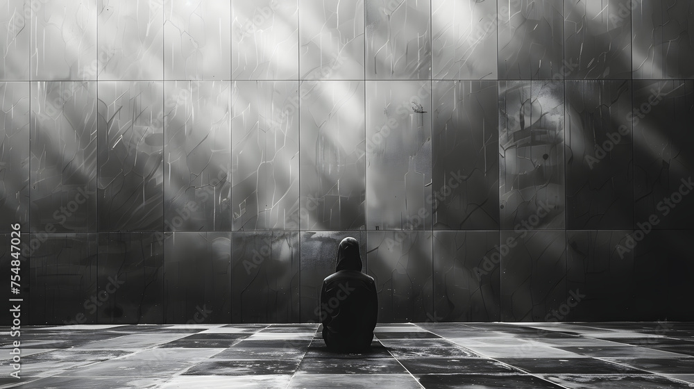 A lonely person in a black hoodie is sitting on a step in front of a wall.  - obrazy, fototapety, plakaty 
