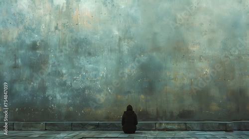 A lonely person in a black hoodie is sitting on a step in front of a wall. 