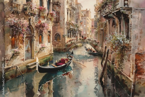 Watercolor paintings of charming Venetian canals. which has a gondola sailing gracefully photo