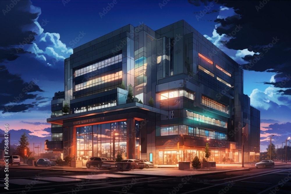 Picturesque Office building exterior anime visual novel game. Urban district. Generate Ai