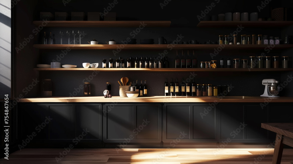 Wooden black scandinavian kitchen storage organization. Perfect open shelves in dark modern kitchen. Generative AI