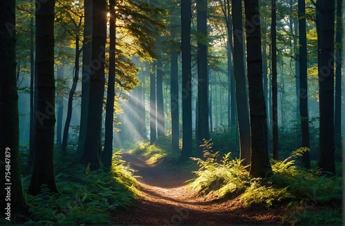 Nature's Luminance Capturing the Beautiful Rays of Sunlight Illuminating a Green Forest