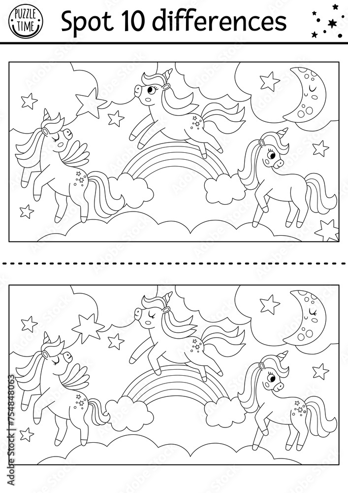 Black and white find differences game for children with unicorns. Fairytale line activity with horse with horn, rainbow, magic landscape background. Coloring puzzle for kids with fantasy character. - obrazy, fototapety, plakaty 