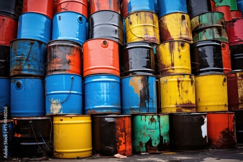 Industrial Oil barrels metal. Factory tank fuel. Generate AI © juliars