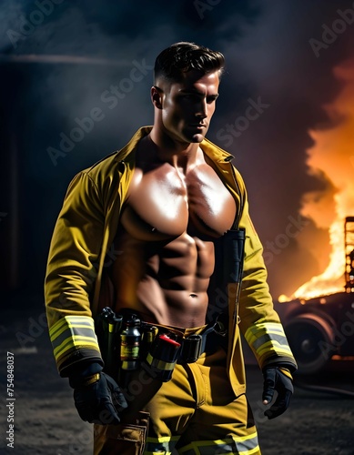 sexy firefighter with bare chest