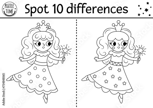 Unicorn black and white find differences game for children. Fairytale line activity with fairy girl holding magic wand. Cute puzzle for kids with fantasy character. Printable worksheet, coloring page.