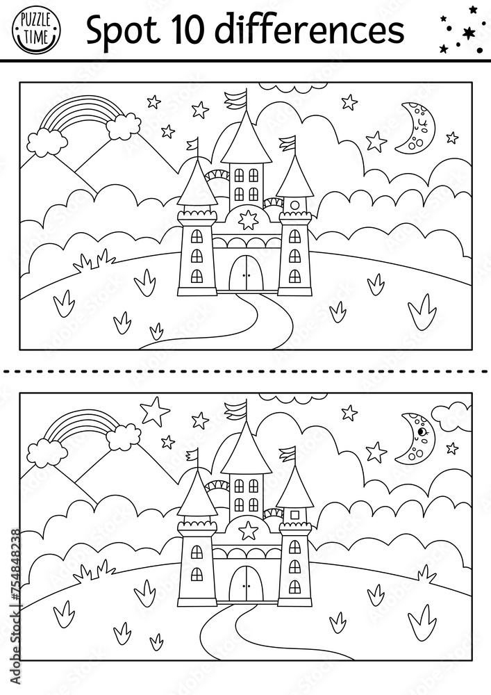Unicorn black and white find differences game for children. Fairytale line activity with castle, rainbow, magic kingdom, night landscape. Cute coloring puzzle for kids with funny fantasy character.