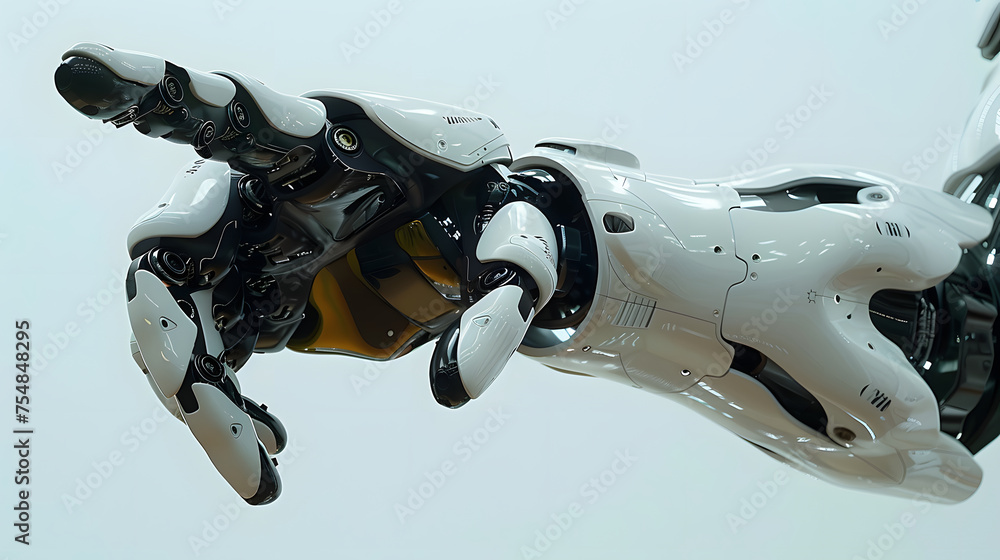 A futuristic white robot arm with glowing orange lights on its fingers. A futuristic white robot arm with glowing orange lights on its fingers.