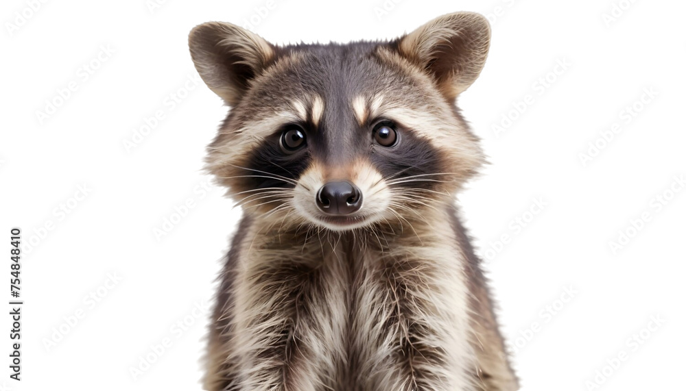 Young raccoon, standing in front and transparent background, white background, png format