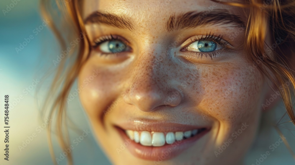 A close-up portrait captures the radiant smile and captivating eyes of a woman with sun-kissed skin and delicate freckles.